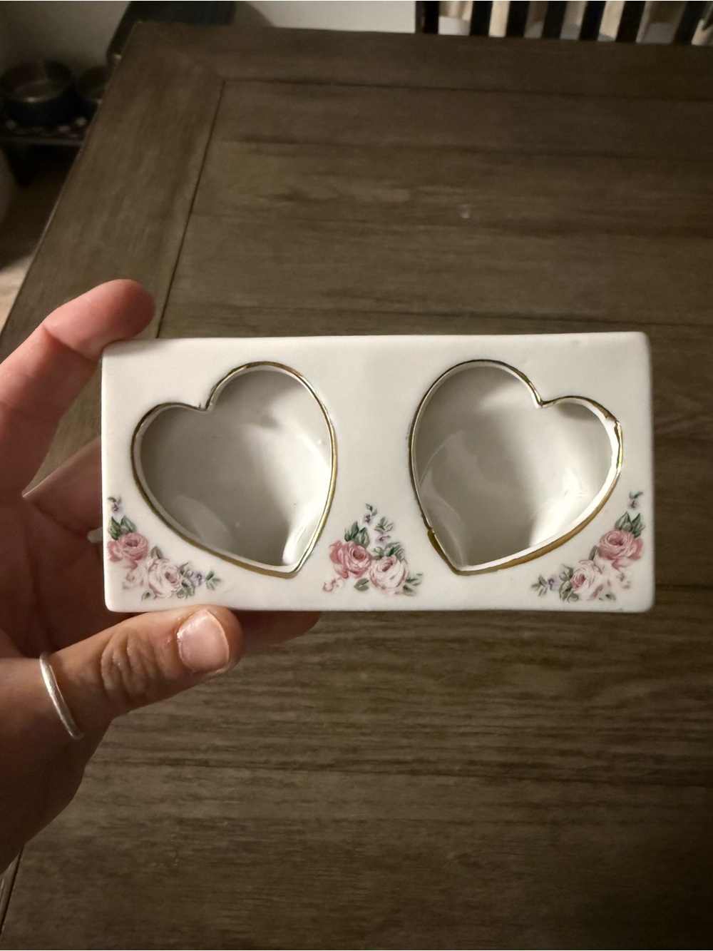 Porcelain Double Heart Picture Frame- White with Pink Rose Accents